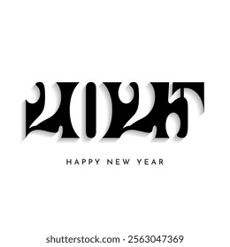 Stylish happy new year 2025 design with bold black typography and shadow effect