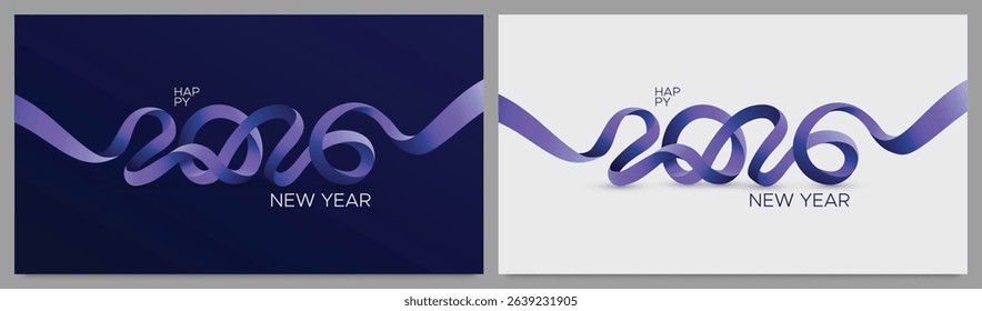 Stylish Happy New Year 2026 design with a flowing purple ribbon forming numbers, shown on dark and light backgrounds. Ideal for festive greetings, digital cards, and seasonal promotions.
