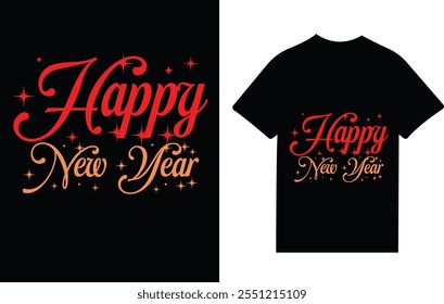 Stylish "Happy New Year" design in bold red and orange text, perfect for festive celebrations and custom apparel printing.