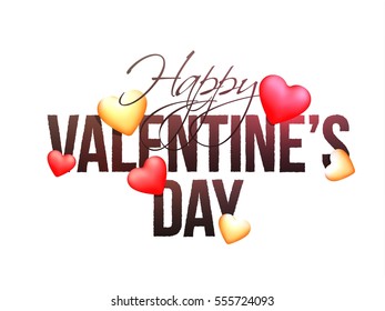 Stylish Happy Valentine's Day Typographical Background with glossy Hearts.