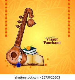 Stylish Happy Vasant Panchami Indian festival greeting card with veena vector