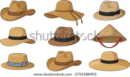 Stylish hat collection vector, cowboy straw fedora asian conical hats set, summer fashion headwear icons, vintage western hat illustration