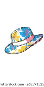 Un sombrero elegante con un patrón floral colorido y una banda rosa.