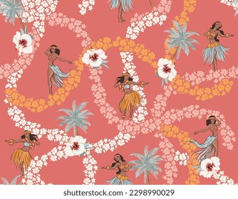 Stylish Hawaiian Summer Paradise with Flower and palm trees  like, Hula Girl, Seamless pattern Vector Illustration ,Design for fashion , fabric, textile, wallpaper, wrapping and all prints 