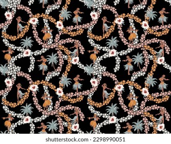 Stylish Hawaiian Summer Paradise with Flower and palm trees  like, Hula Girl, Seamless pattern Vector Illustration ,Design for fashion , fabric, textile, wallpaper, web  wrapping and all print