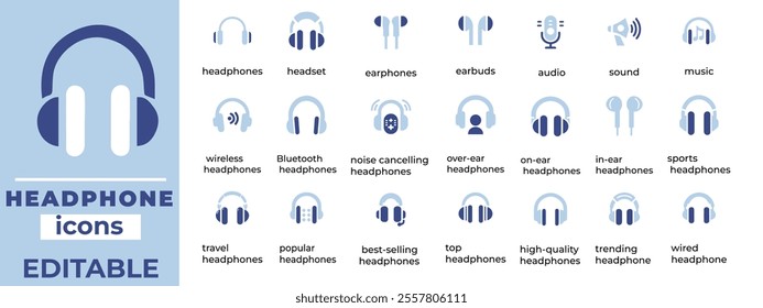 Stylish headphone vector icons featuring music, audio, podcasts, customer support, gaming, and modern sound designs