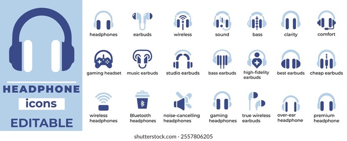 Stylish headphone vector icons featuring music, audio, podcasts, customer support, gaming, and modern sound designs