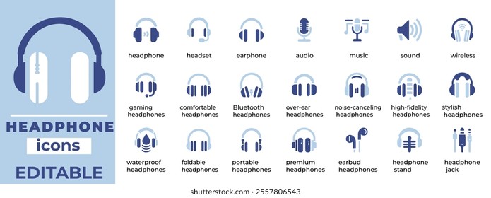 Stylish headphone vector icons featuring music, audio, podcasts, customer support, gaming, and modern sound designs