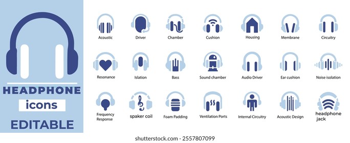 Stylish headphone vector icons featuring music, audio, podcasts, customer support, gaming, and modern sound designs