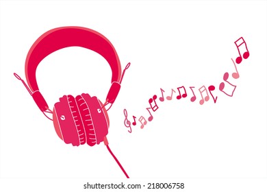 Stylish headphones with cable and notes illustration