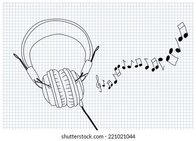 Stylish headphones with cable and notes illustration