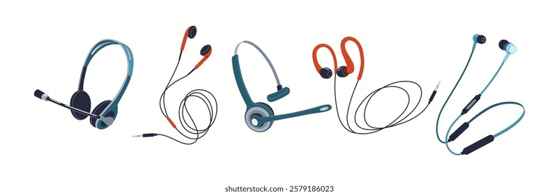 Stylish headphones and earphones flat color vector icon set. Devices ideal for entertainment and gaming purposes objects pack on white background