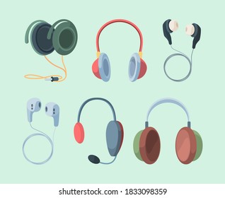 Auriculares elegantes. Modernas habitaciones de estudio con juegos de sonido nítidos para máxima inmersión en un compacto de virtualidad para smartphones y gadgets profesionales operadores de servicio. Vector de color de dibujos animados.