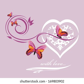Stylish heart with butterflies. Background to the Valentines day. Vector