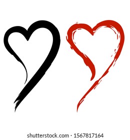 Stylish Heart Icon in Black & Red Isolated on White Background. Brush Painted Vector Illustration