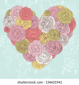 Coração elegante feito de flores em vetor. Bonito cartão romântico.