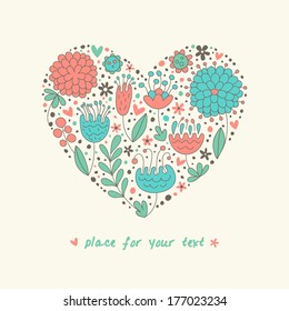 Stylish heart made of flowers in vector. Romantic cartoon invitation card. 