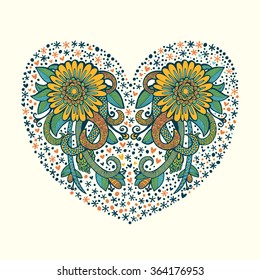 Stylish heart made of flowers in vector. Beautiful romantic print.