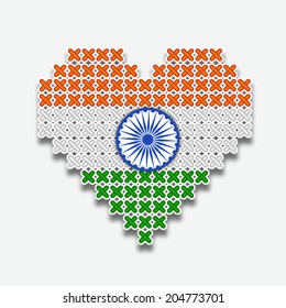 Estiliza forma de corazón en los colores de la bandera nacional con la rueda de ashoka para el 15 de agosto, fondo de las celebraciones del Día de la Independencia de la India. 