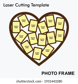 Stylish heart shaped Laser cut photo frame with 14 photos. creative and beautiful frame suitable for wedding and anniversary.Laser cut photo frame template design for mdf and acrylic cutting.