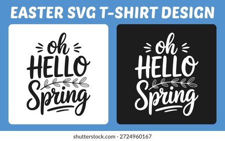 Stilvolles "Oh Hello Spring", handgeschriebenes Typografie-T-Shirt-Design mit blättrigen Akzenten. Perfekt für Bekleidung, Drucke, Kunsthandwerk, Aufkleber und saisonale Handelsartikel zu Ostern und Frühling.