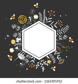 Stylish Hexagon Frame with cute honey flowers and bees. Premium quality Honey Label. Cartoon vector