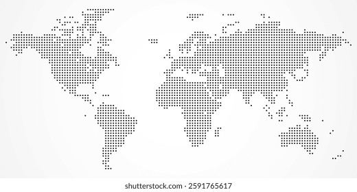 A stylish hexagon world map dotted with geometric elements forming continents. This dotted map represents globalization, travel, and geography in an abstract contemporary form.