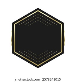 Stylish hexagonal black and gold frame with an elegant geometric design, featuring metallic gold accents and a blank space in the center, suitable for luxury branding, invitations, or labels