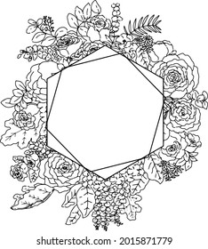 A stylish hexagonal frame made with illustrations of flowers and leaves