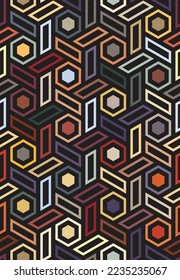 Stylish hexagons geometric motif  Repeated multicolored hexagon ornament black background  Seamless repeating pattern  Abstract mosaic style  Vector image 