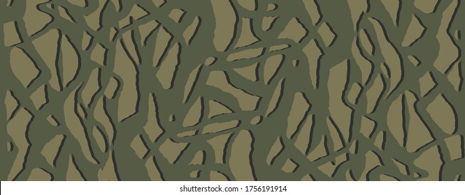 Stylish hiding bark camouflage, seamless pattern. Khaki dark forest camo. Vector wallpaper