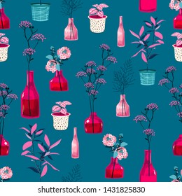 Stylish and high contrast of modern flowers and fresh pink vase ,pot with botanical plants illustration in vector seamless pattern on dark ocean blue