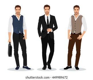 Stylish high detailed graphic businessmen set. Cartoon male characters. Men in fashion clothes. Flat style vector illustration.

