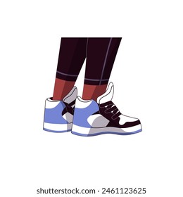 Stylish high top trainers, sneakers with on feet. Person with basketball boots, shoes on legs stands back view. Street fashion in sport style. Flat isolated vector illustration on white background