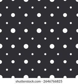Stylish high-contrast polka dot seamless vector pattern in white on deep charcoal black background for fabric, gift wrap and digital design.