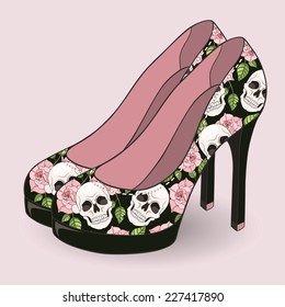 Stylish high-heeled shoes with a pattern of roses and skulls. Vector illustration