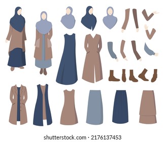 Stylish hijab women creation kit, female character body parts, trendy clothing isolated on white background vector illustration.