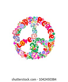 Stylish hippie peace flower symbol with abstract flowers, feathers, hearts, butterfly and love and peace word