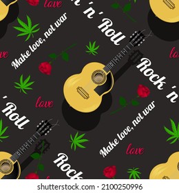 Stylish hippie seamless pattern. Acoustic guitars, anti-war slogans, cannabis leaves, rock and roll and love lettering, roses on a black background. Vector.