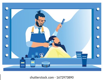 Stylish Hipster Barber Trimming Customers Temples in front of Mirror in Barbershop, Men Hairdressing Salon, Fashioned Grooming Place, Professional Beauty Club, Style. Cartoon Flat Vector Illustration