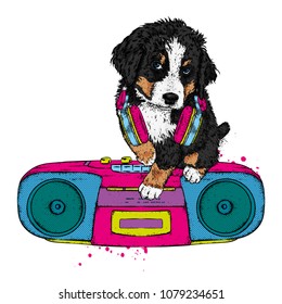 A stylish hipster dog and an old cassette tape recorder. Vector illustration. Puppy in clothes and accessories.