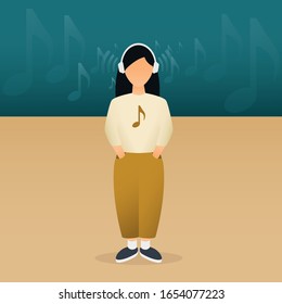 Stylish hipster girl listening to music in headphones, flat style. Millennial girl with headphones and musical notes around, enjoying music beat. Modern hand drawn vector illustration