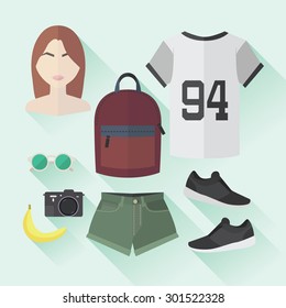 Stylish hipster girl in modern and creative style  with flat long shadows. Website avatar symbol. Woman web media element collection.