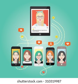 Stylish hipster girls in modern and creative style. Communication in social network.