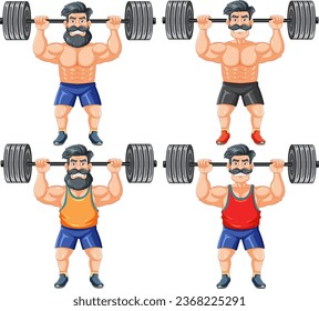 A stylish hipster man with a beard and mustache lifting weights at the gym
