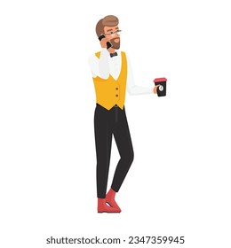 Stylish hipster man with coffee. Young man with takeaway coffee vector cartoon illustration