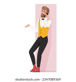 Stylish hipster man talking on phone. Bearded boy in classical suit vector cartoon illustration