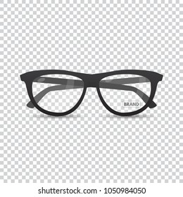 Stylish hipster optical glasses. Eyeglasses with lens glare. Retro specs for style with highlights and a label of the designer's name.