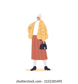 Stylish hipster senior lady with fashionable handbag and wearing trendy sunglasses. Elderly woman in casual clothes outfit. Fashion of aged adult concept. Cartoon flat vector illustration