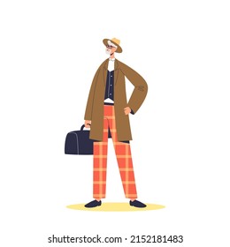 Stylish hipster senior man in hat and trench. Trendy casual clothes outfit for elderly male customer. Fashion of older adult concept. Cartoon flat vector illustration